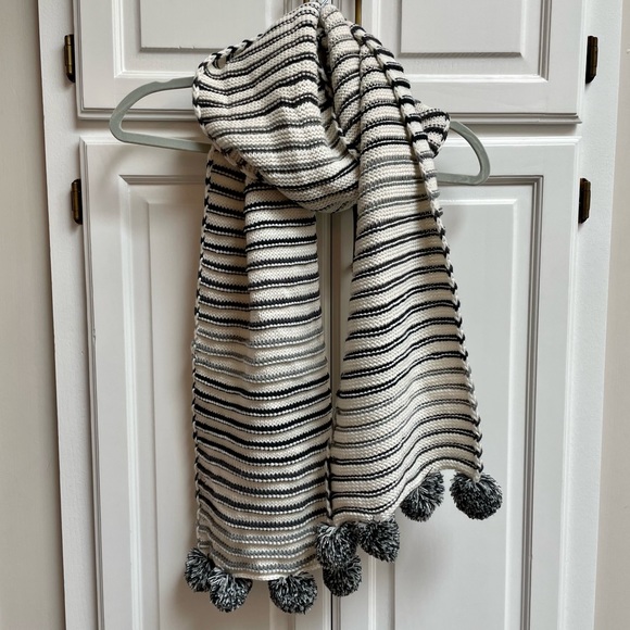 American Eagle Outfitters Accessories - American Eagle Gray and Cream Striped Scarf with Pom Poms